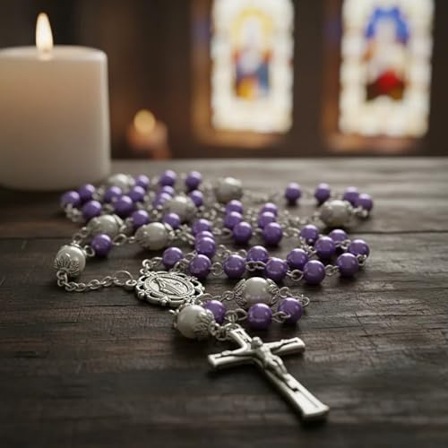 Nazareth Store Pearl Beads Rosary White Our Father Beaded Necklace Lourdes Medal & Cross Crucifix Spiritual Devotion - color: Purple