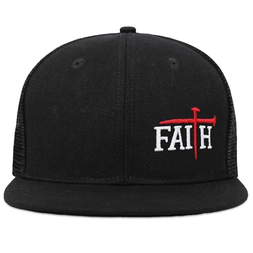 Christian Hats for Men Women - Cross Faith Flat Snapcback Hats - Religious Gifts for Thanksgiving Christmas - color: Black Mesh/Faith Red