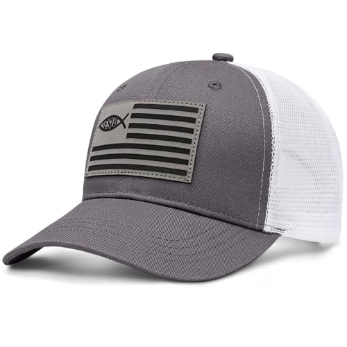 Christian Jesus Fish Flag Hat, Faith Trucker Hats for Men Women, Religious Gifts for Thanksgiving Christmas - color: Jesus Fish/Grey