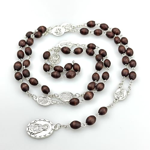 Seven Sorrows of Mary Rosary Wooden Beads Catholic Jewelry Necklace for Pray - color: Brown