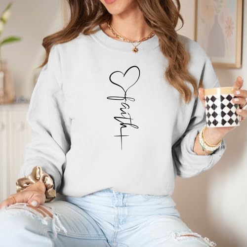 KIEKIECOO Faith Christian Sweatshirts for Women Religious Crewneck Sweatshirt Letter Print Fall Pullover Long Sleeve Tops - color: White, size: Medium