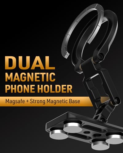 MOSENVKA Dual Magnetic Phone Holder Gym Magnetic Stand,Tripod Phone Mount (1/4'' Hole& ARCA-Swiss),Portable Phone Grip for iPhone 12/13/14/15/16/17-Desk/Car/Gym/Golf Cart/Airplane Use Stand (Black) - color: Black