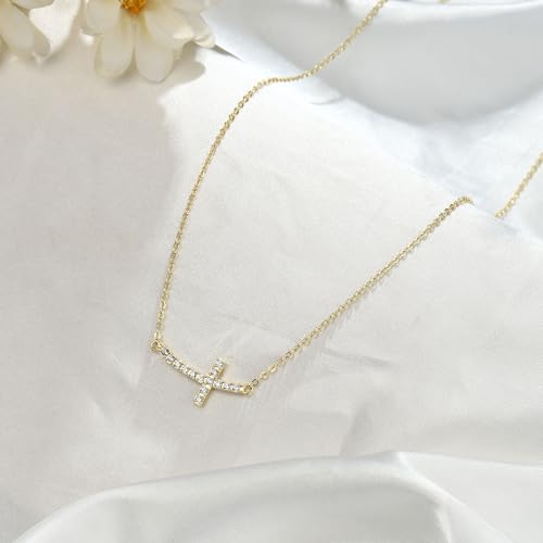 MONOZO Dainty 14K Gold Plated Cross Necklace for Women Jewelry Gifts Trendy - color: Gold - Sideway Diamond Cross