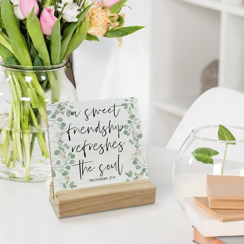 Christian Desk Decor, Bible Verse Decor Wood Desk Sign, Friendship Gifts for Women Friends, A Sweet Friendship Refreshes the Soul Wooden Plaque with Wood Stand for Home Office Table Decor - color: color-2