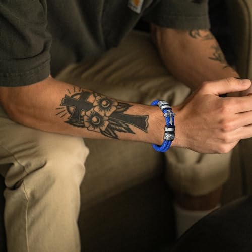 Mens Christian Cross Double Row Leather Bracelet, Religious Braided Cuff Bracelet for Men - color: Blue, size: 8.1 inches
