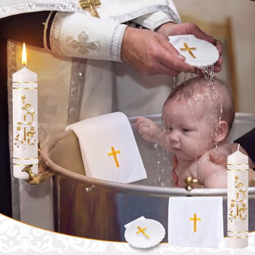 Lyrow Baptism Candle Set Complete Christening Gift Kit with Shell, Candle & Towel, White Gold Communion for Baptism, First Holy Communion, Catholic Sacraments(Vintage)