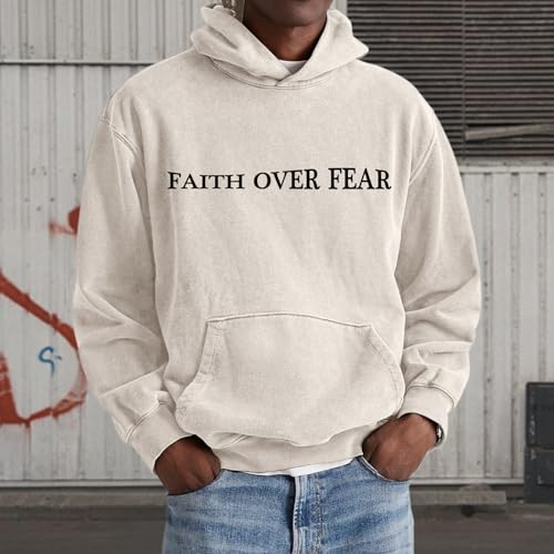 Christian Faith Over Fear Hoodies for Men Jesus Religious Graphic Sweatshirt Bible Verse Acid Wash Pullover Hoodie - color: Apricot, size: Large