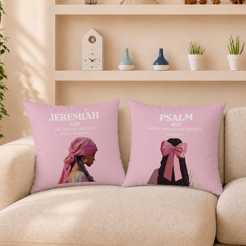 Coquette Black Girl Christian Pillow Covers 18x18, Preppy Pink Bible Verse African American Decorative Pillow Cover Pillowcase for Girls Dorm Bedroom Apartment Home, Set of 2 - color: Black Girl-2