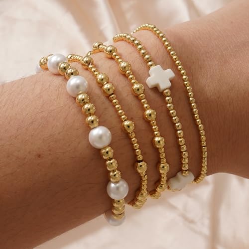 Gold Beaded Bracelets Stack for Women Stackable 14K Gold Plated Beads Ball Cross Bracelet Boho Christian Jewelry Faith Friendship Birthday Gifts for Women - color: Pearl