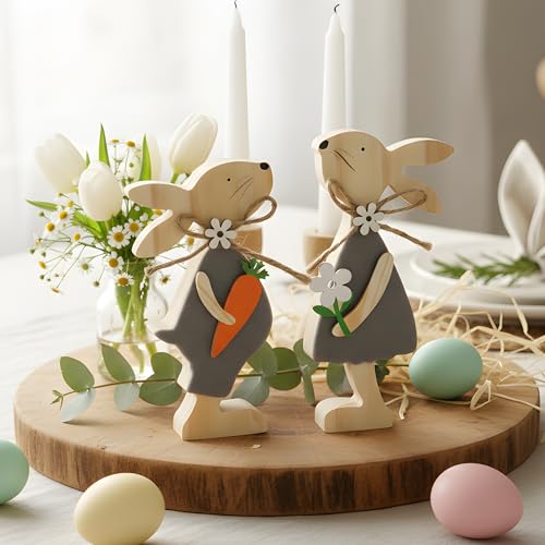 2PCS Wooden Easter Bunny Figurines, Wooden Bunny Decor for Home, Farmhouse Easter Decor, Easter Tiered Tray and Mantel Decor, Rustic Decorations for Home - color: Wooden Bunnies Figurine