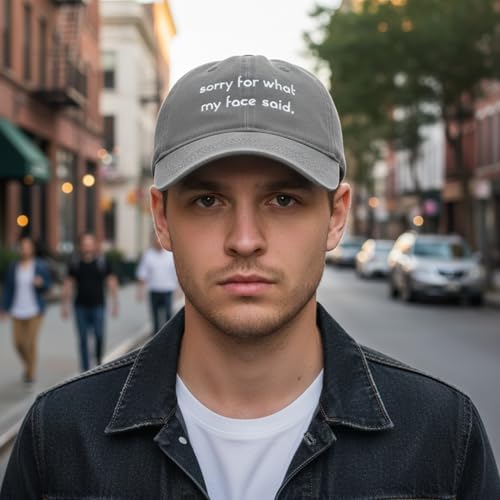Funny Vintage Baseball Cap, Adjustable Cotton Embroidered Hat for Men Women, Retro Humor Gift Trucker Caps - color: Sorry for What My Face Said. - Grey