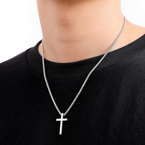 Fiusem Cross Necklace for Men, Stainless Steel Cross Pendant Jewelry Gift - size: 24.0 Inches, style: Small silver cross: 1.2" * 0.7"