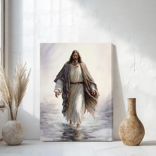 Framed Jesus Christ Wall Art Jesus Walking On Water Canvas Wall Art Christian Painting Prints Biblical Wall Decor Religious Room Decor for Church Prayer Room Christian Schools Hospitals 12" x 16" - color: Jesus 6, size: 16"L x 12"W