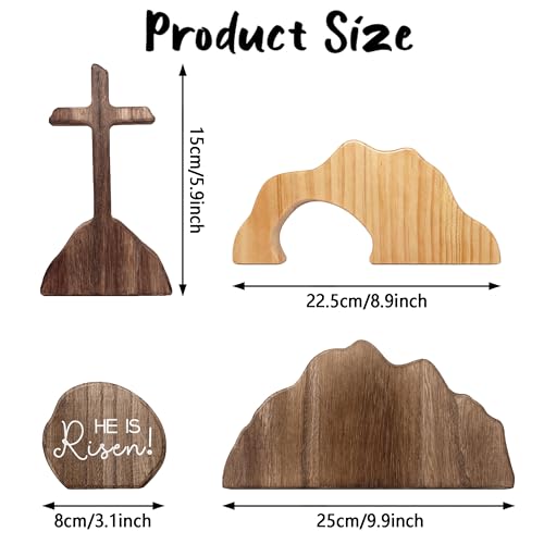 Christian Easter He is Risen Decor, Empty Tomb Cross Easter Decoration for Home, Easter Wooden Resurrection Scene Set Table Mantel Office Kitchen Decor Gift (Brown-4pcs)