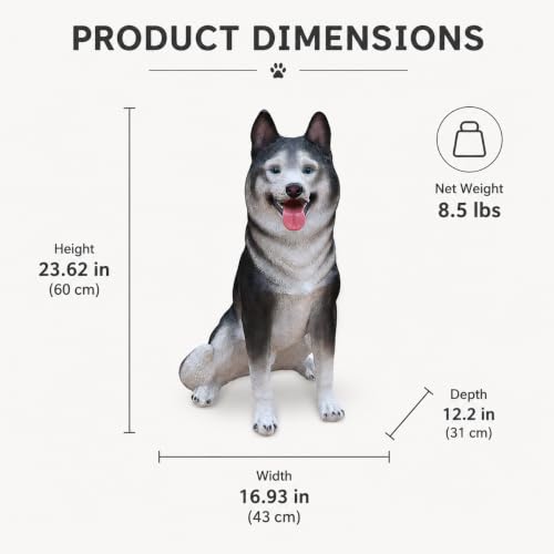 Realistic Large Siberian Husky Dog Garden Statue, Finely Sculpted Lifelike Gray and White Sitting Dog Figurine, Weather-Resistant Outdoor Sculpture for Yard, Lawn and Pet Memorial Gift - color: Siberian Husky Happy Sitting