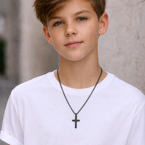 Small Cross Necklace for Boys Baptism Christmas Confirmation Valentines Easter Birthday Gifts to Teens Son Grandson Nephew - color: black, style: Son