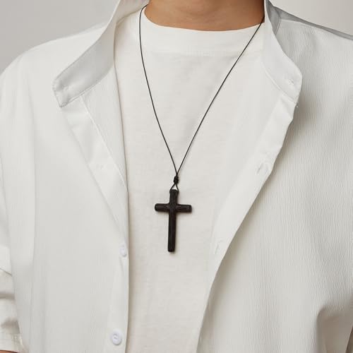 Men's Wooden Cross Necklaces Real Handcrafted Ebony Wood Cross Pendants With Leather Necklace Men's Black Cross Necklaces Christian Baptism Crucifix Pendant for Men (Integrated Wood Grain)