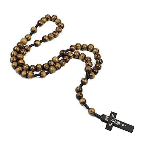 COLORFUL BLING Natural Wooden Catholic Rosaries Wood Crucifix Prayer Beads Pendant Necklace Prayer Jesus Religious Cross Rosary Necklace Handmade Jewelry - color: dark textured