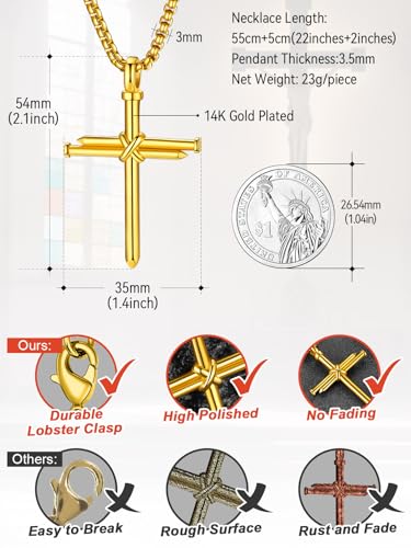 FaithHeart Stainless Steel Cross Necklace for Men, Silver/Black/Gold Cross Chains for Men Religious Amulet Necklaces Christian Gifts for Dad - style: Nail Cross-Gold