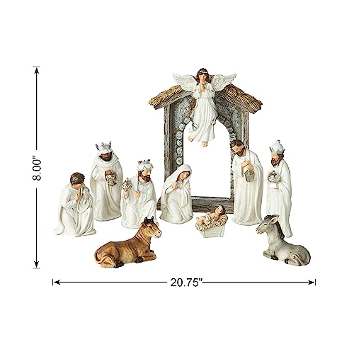 Glitzhome Nativity Sets Ivory 11Pcs Resin Nativity Figurines Sets for Christmas Indoor, Removable Angel Holy Family Statues Christian Nativity Tabletop Scenes Ornaments Church Decor 8" x 20.75" - size: 20.75 x 8 Inches-Ivory