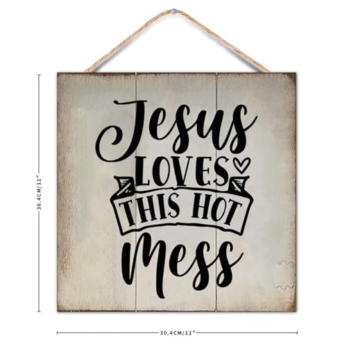 Bible Verse Sign Jesus Loves This Hot Mess Wooden Quote Sign 12x12 Inch Christian Religious Gifts Rustic Farmhouse Wood Signs Rustic Farmhouse Decor Rustic Modern Home Decor - color: Log color-style-5
