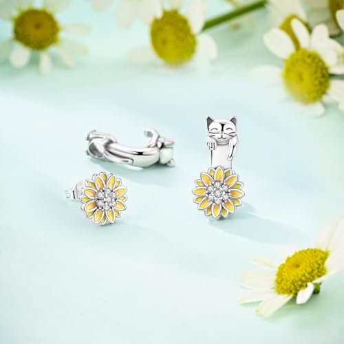 LAZA 925 Sterling Silver Stud Earrings for Women Cat and Sunflower Earrings - color: Yellow Sunflower Cat