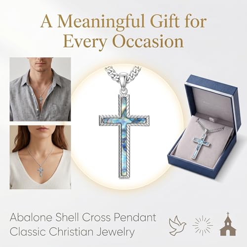 MRENITE Silver Natural Stone Cross Necklace, Classic Latin Cross Pendant Necklace for Unisex Women Man, Vintage Crystal Quartz Cross Necklace with 20+2 Inches Adjustable Cuban Chain - style: Abalone