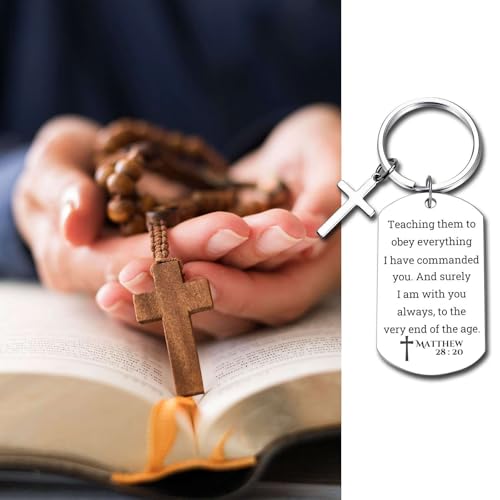 GiftYou Inspirational Scripture Metal Key Chains with Cross Pendant - Bible Verse Keychain Religious Gift for Christian - color: Matthew 28:20