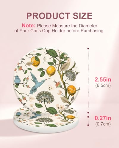Swooflia Floral Absorbent Ceramic Car Coasters Set of 2, Cute Botanical Wildflower Cup Holder Coasters for Car, Lemon Flower Hummingbird Car Accessories for Women, Unique Gifts for Mom, Teachers - color: Flower and Hummingbird