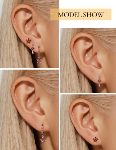 Angelady Gold Hoop Earrings Set for Women, Dainty 14K Gold Plated Flower Moon Cross Dangle Earrings, Hypoallergenic Huggie Hoop Earring Stacks, Stud Earrings for Women Trendy Jewelry Gift - color: Silver Red CZ