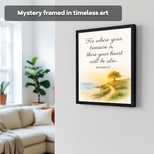 Watercolor coastal sunset with tree, “For where your treasure is, there your heart will be also” Matthew 6:21 Christian wall decor, matte framed wall art for home, wedding gift, 8x10 inch - color: matthew 6:21【Framed】, size: 8"L x 10"W