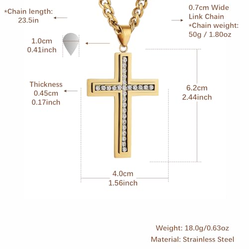 HZMAN Cross Necklace for Men Stainless Steel Cross with Cubic Zirconia Inlay Pendant Necklace with 7mm Cuban Chain 24In - color: Gold