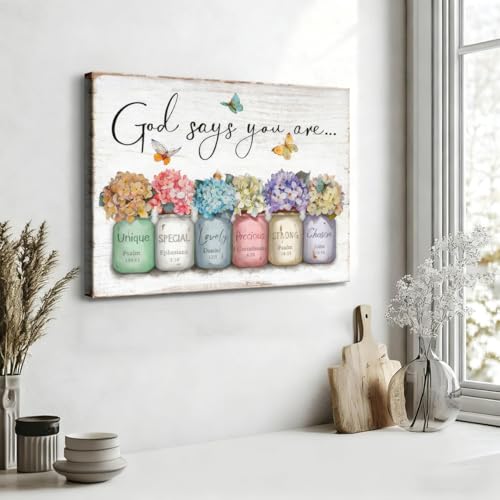 Inspirational Bible Verse Wall Art God Says You Are Sayings Wall Decort Christian Gift Quotes Painting scripture Pictures Print Flowers in Mason Jar Poster for Women Girls Bedroom(16x12 Canvas) - color: yellow-canvas, size: 16"L x 12"W