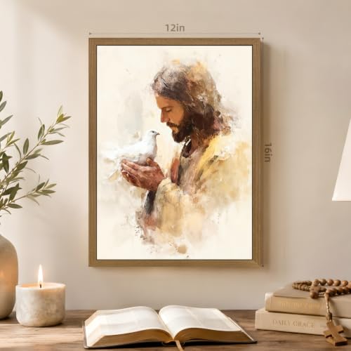 Dynazo Wood Framed Jesus and Dove Wall Art, White Dove Christian Wall Decor, Inspirational Religious Faith Poster Print, Christian Bible Stories Artwork for Living Room Bedroom Office 12x16 Inch - color: PeaceDove, size: 16"L x 12"W