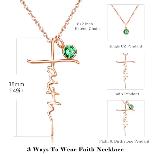 PRAYMOS Faith Cross Necklace for Women 925 Sterling Silver Pendant Necklace With Birthstone Initial Christian Religious Confirmation Baptism Mothers Day Gifts - color: 4-Rose Gold June(Alexandrite )