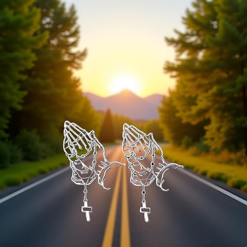 2 Pcs/Set White Hands Praying Pearl Jesus Car Sticker, Personalized Rosary Car Sticker, Waterproof Christ Decal Stickers Bumper Stickers for Laptop Motorcycle Door Wall Decoration