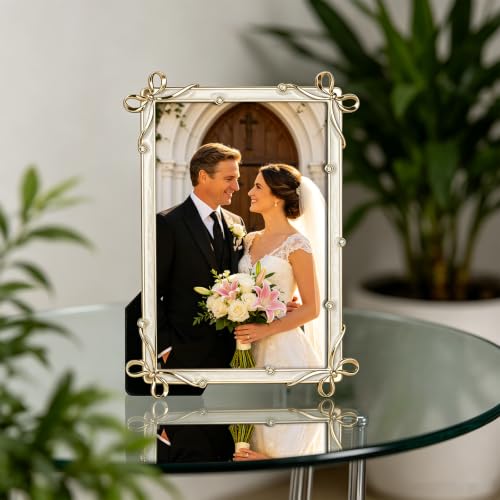 Metal Photo Picture Frame, 4x6 Inch, Bow Design with Rhinestones, Decorative Picture Frame, Classic Home Collection, Wedding Gifts (Gold) - color: Gold