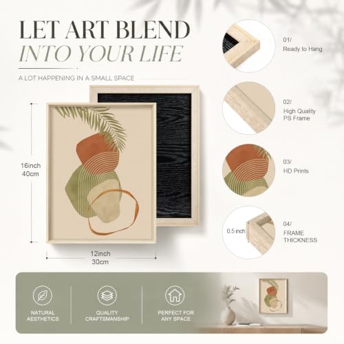 HOURIA Terracotta Sage Green Palm Leaf Framed Canvas Wall Art Set-12"x16"x3 - color: Boho Botanical Wall Art, size: 12"L x 16"W