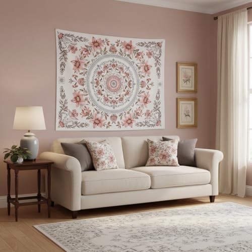 Motanber Pink Floral Tapestry Wall Hanging Boho Mandala Medallion Tapestry Aesthetic Watercolor Flower Cute Small Tapestries for Bedroom Living Room Dorm Decor 48 x 36 Inch - color: Light Pink, size: 48"L x 36"W
