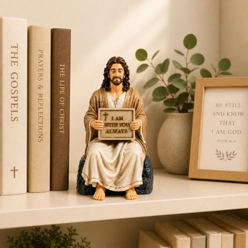 Jesus Christ Peaceful Seated Statue | 5 Inch Handcrafted Jesus Resin Figurine with I Am with You Always Plaque | Christian Home Décor Jesus Resin Idol for Home, Prayer Corner, Altar & Gifting