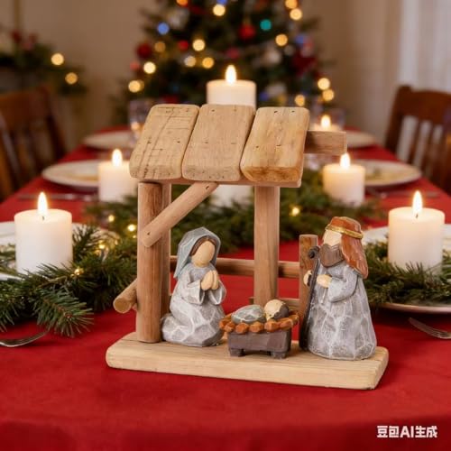 Christian Nativity Scene Decoration with Gift Box, Hand-Painted Resin Figurines with Wooden Stable, 6.7 Inches Tall, Perfect for Christmas Tabletop, Holiday Dining Table & Fireplace Decor