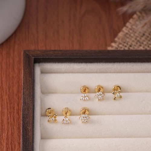 Flat Back Earrings - 14K Gold Plated Tiny CZ Butterfly Cross Moon Flat Back Stud Earrings Dainty Cartilage Earring Set Hypoallergenic Helix Earrings for Women Trendy Tragus Piercing Jewelry - color: Gold-Set1
