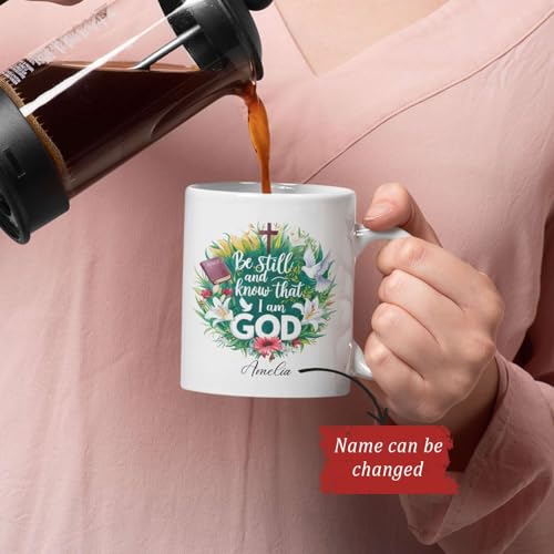 Custom Name Christian Religious Coffee Cup, Floral Wreath And Doves Design Mug, Personalized Christian Ceramic Cup 11oz 15oz, Bible Verse Accent Mug, Customized Christian Cup For Men Women - color: HOA-624-2164-THAT I AM GOD MUG