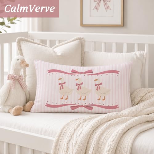 Goose Nursery Decor Goose Pillow Covers 12x20, Bow Girl Nursery Decorative Throw Pillow Covers for Kids Toddler Little Girls Room Bedroom Playroom Decor - color: Goose Pink Bow -12x20