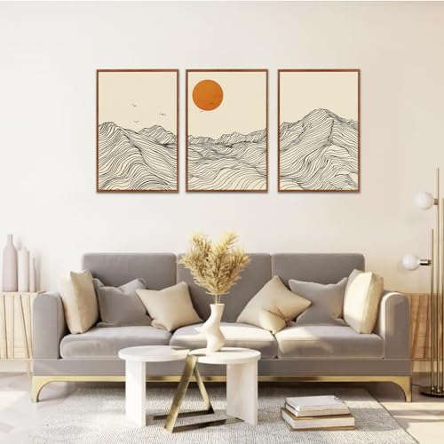 LHIUEM Abstract Wave Line Mountain Framed Canvas Wall Art,Boho Sun Wall Decor,Minimalist Beige Artwork for Living Room,Bedroom,Dining Room,Office -16"x24"x3 - color: Abstract Wave Line Mountain Wall Art, size: 16''x24''x3