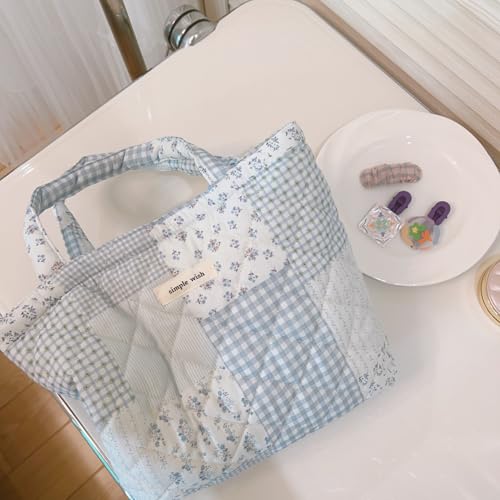 Sminra Small Bible Tote Bag for Women, Corduroy or Quilted Mini Tote Bag - color: Light Blue Collage Floral