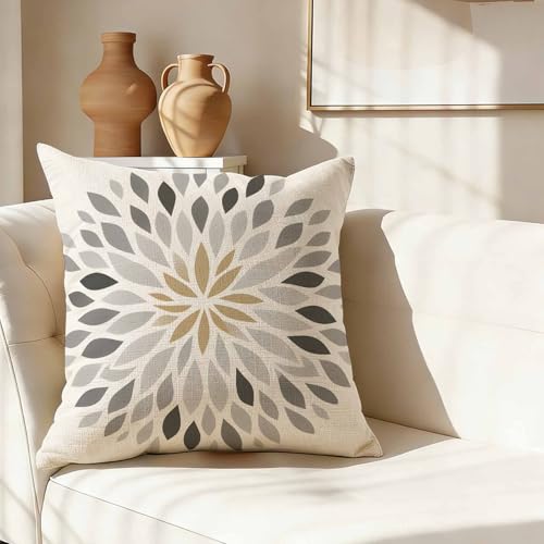 Modern Geometric Floral Throw Pillow Cover,Gray and Gold Dahlia Flower Decorative Pillow Case,Minimalist Botanical Cotton Linen Cushion Case for Home Decor 18 * 18 Inch - color: Settype10