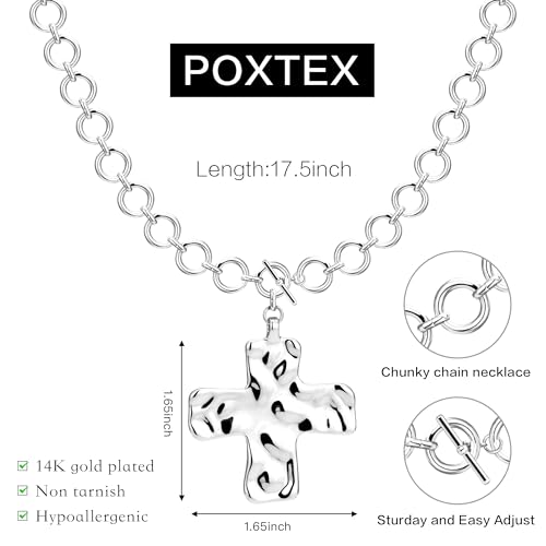 Poxtex Cross Necklace for Women Teen Girls, Dainty 14K Gold Silver Plated Cross Choker Jewelry Non Tarnish Waterproof Cute Simple Small Necklace Christian Baptism Religious Faith Jewelry Gifts - color: 09 chunky silver cross necklace