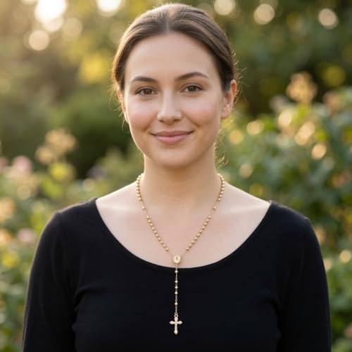 Nazareth Store 18K Gold Plated Rosary Necklace Our Lady of Guadalupe Rosaries Bead Cross Y Necklace Chain for Women - size: 3 Mm Gold