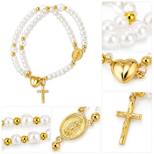 Grace & Faith: Handmade Rosary God Beads Bracelet Virgin Mary Cross Double Layer Chain Crucifix Religious Christian Faith Jewelry - color: Black&Gold Heart